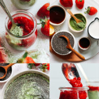 Photos of the process of making our strawberry matcha chia pudding recipe