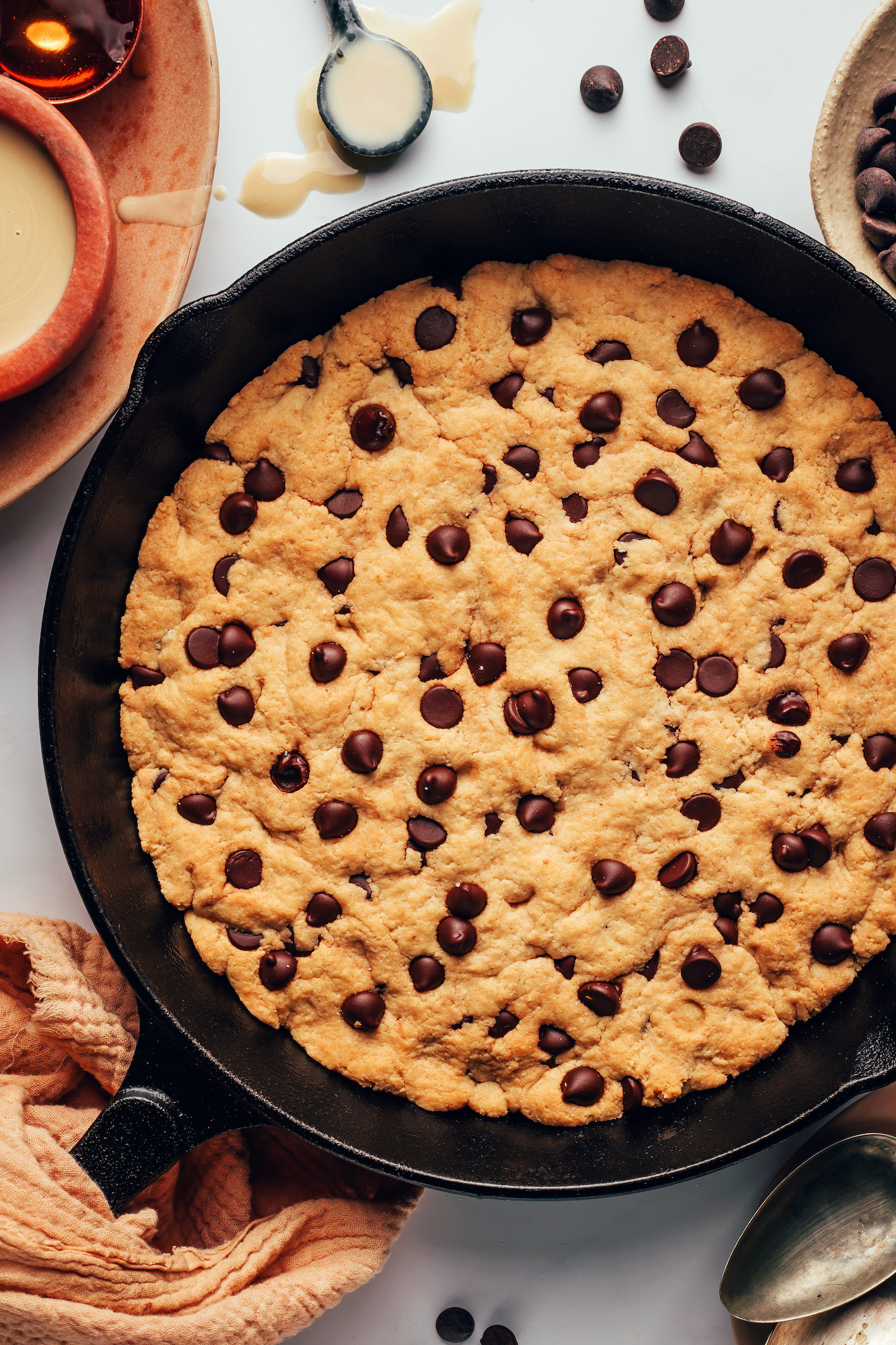 Freshly baked skillet cookie in a cast iron skillet