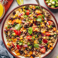 Overhead photo of a bowl of our southwest quinoa black bean salad recipe