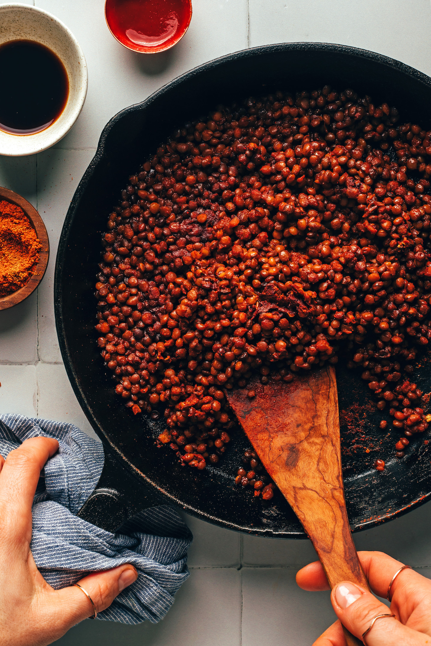 Sautéing lentil chili in a skillet