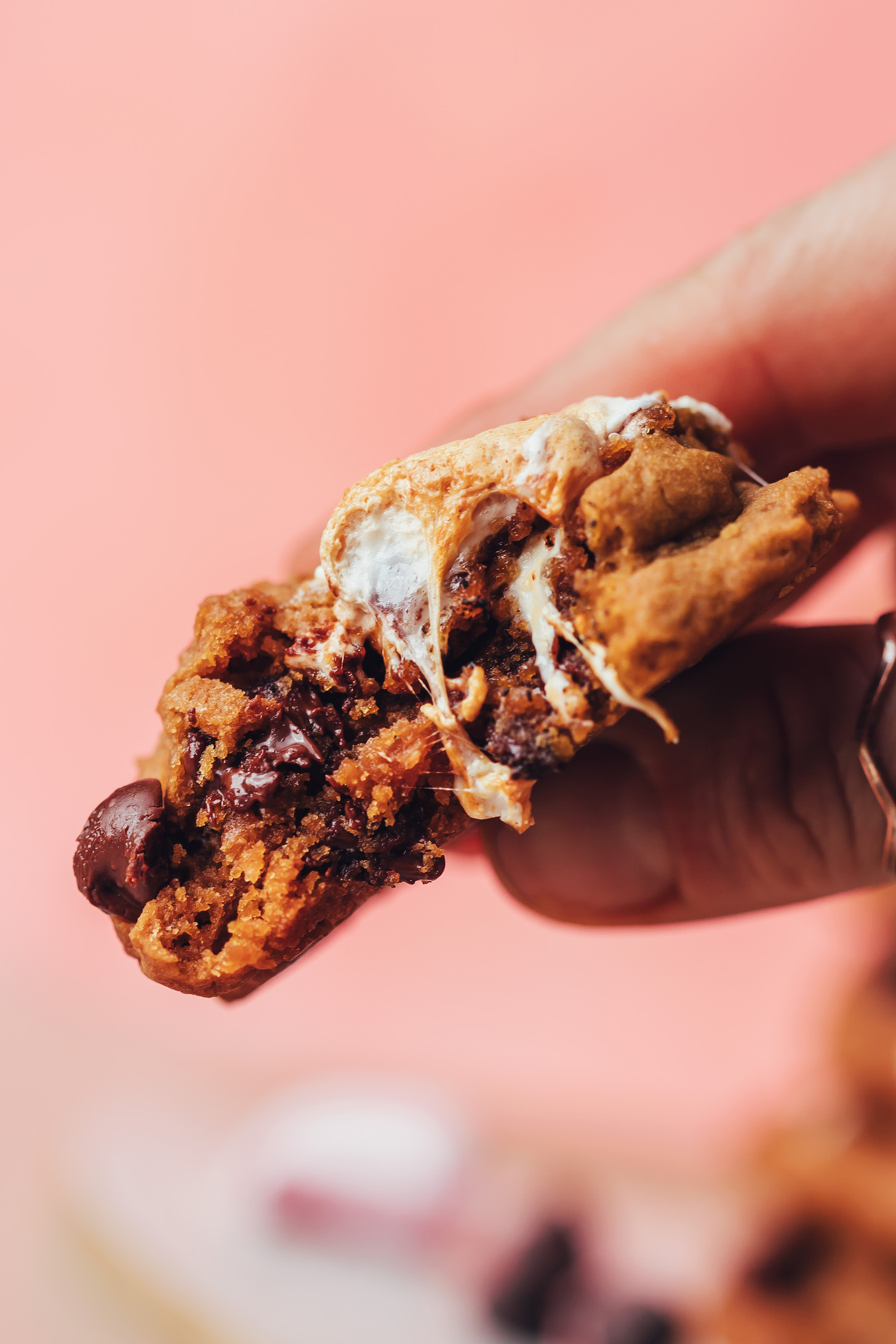 Close up show showing the inside of a vegan gluten-free s'mores cookie