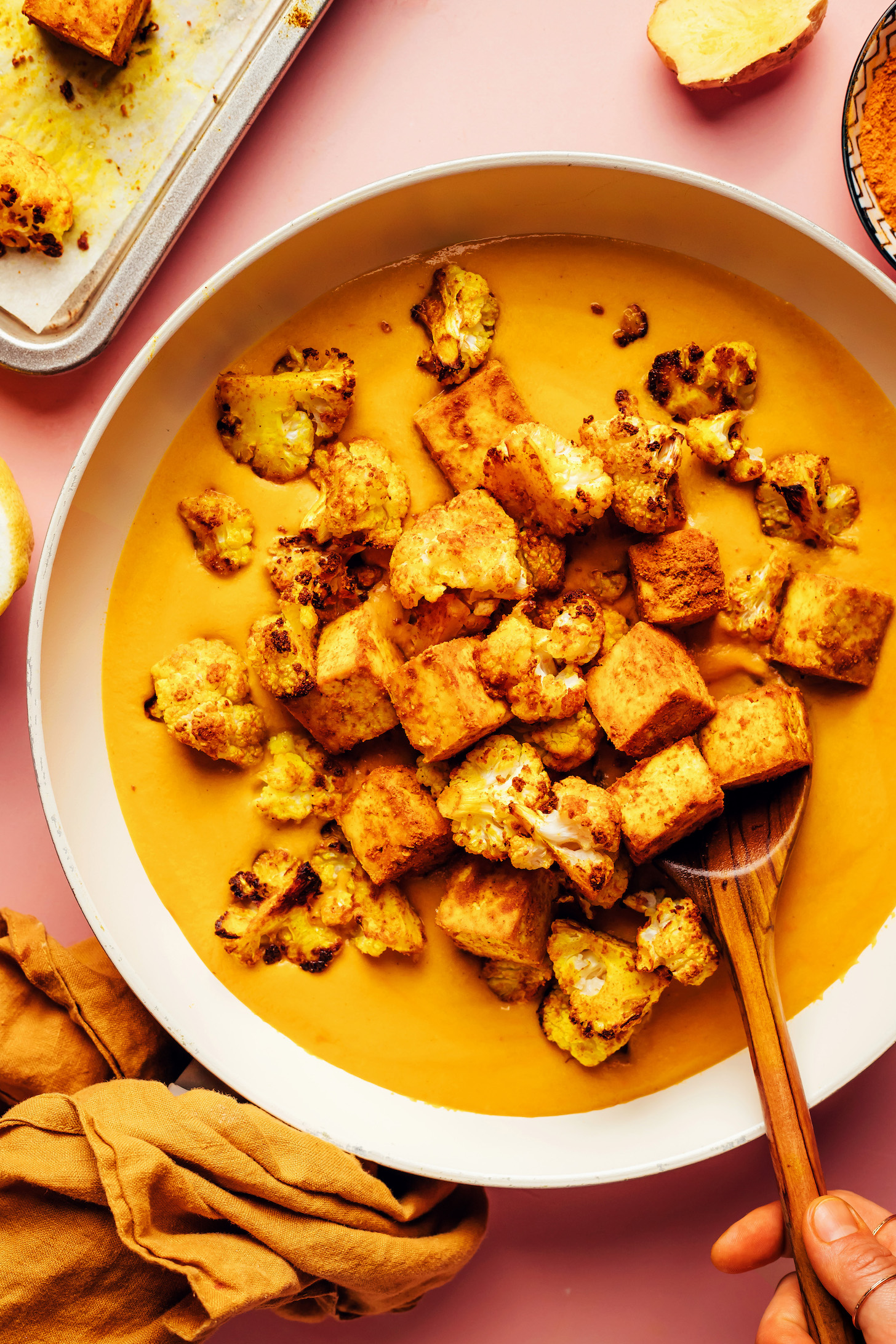 Curry roasted cauliflower and tofu in a rich curried cashew sauce