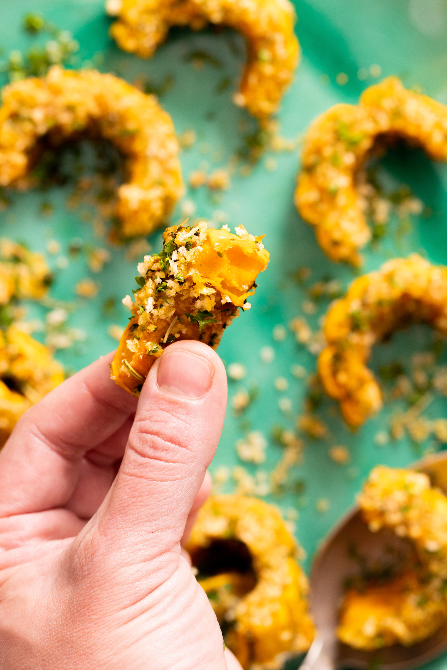 Close up photo of a bite of garlic & herb roasted delicata squash