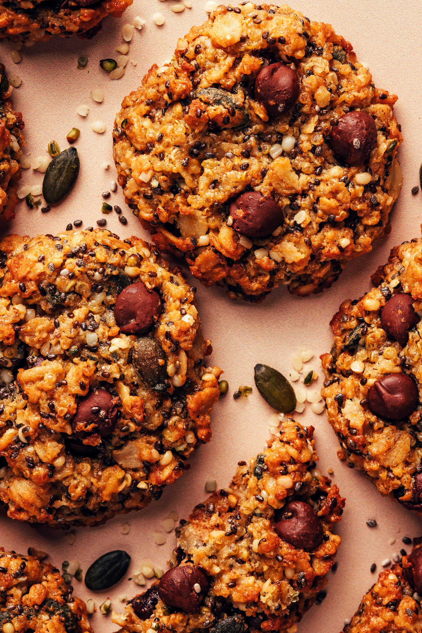 Close-up shot of seeds around quinoa breakfast cookies