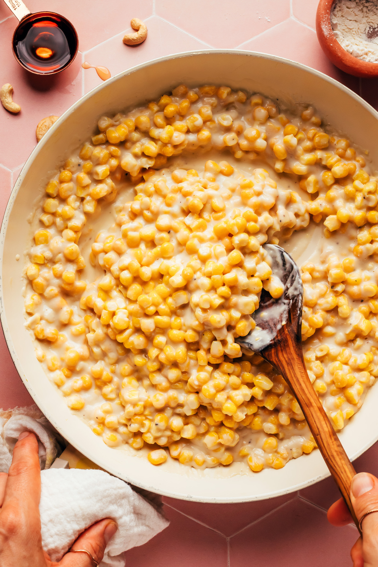 Stirring a pan of vegan creamed corn
