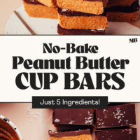 Overhead and side view photos of a batch of no-bake peanut butter cup bars made with just 5 ingredients