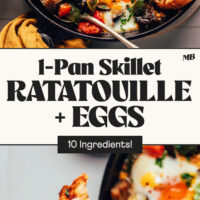 Photos of our 1-pan skillet ratatouille and eggs in a pan and on a slice of toast