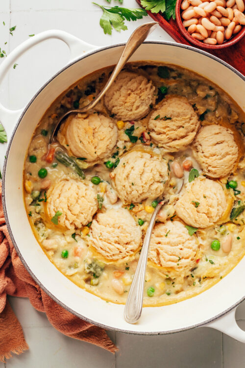 Dutch oven filled with our vegan white bean pot pie soup recipe