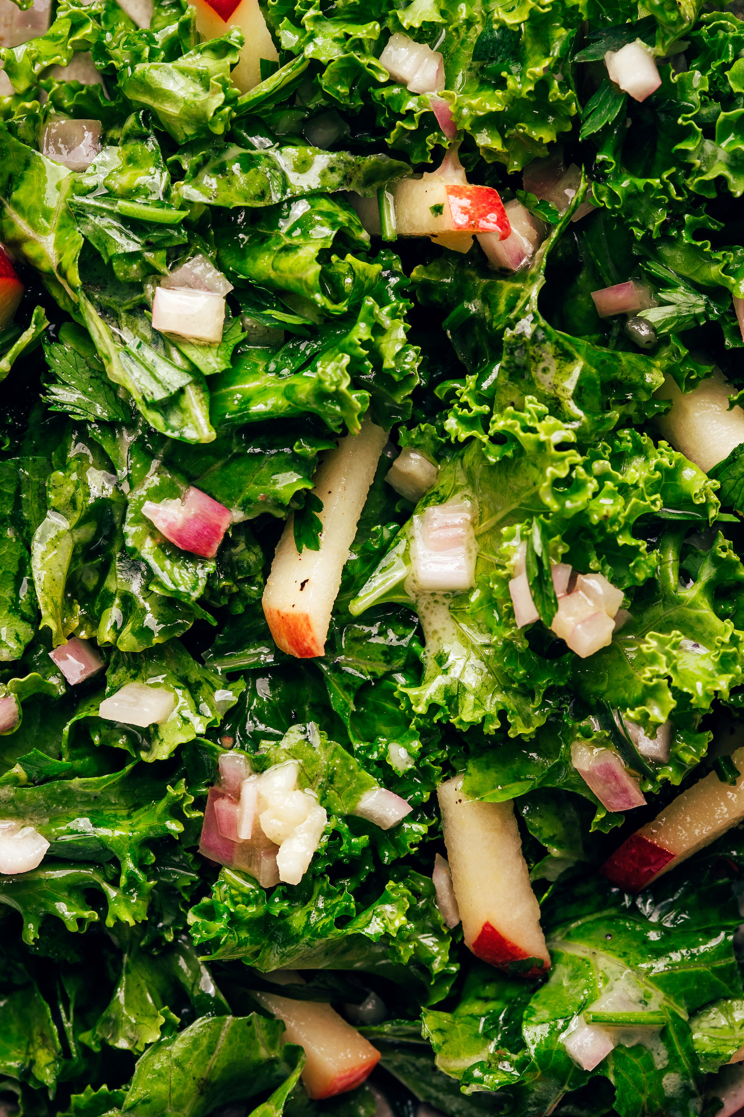 Close up photo of kale apple slaw coated in a Dijon shallot vinaigrette