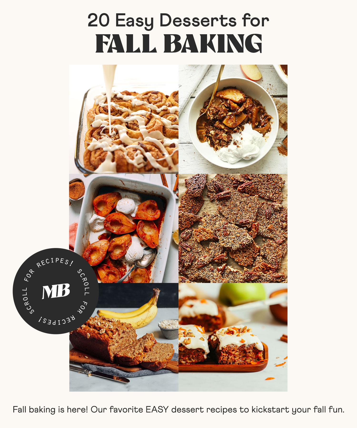 Pumpkin cinnamon rolls, apple crisp, baked pears, and other desserts for fall baking