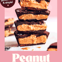 Stack of homemade peanut butter cups with a pink background
