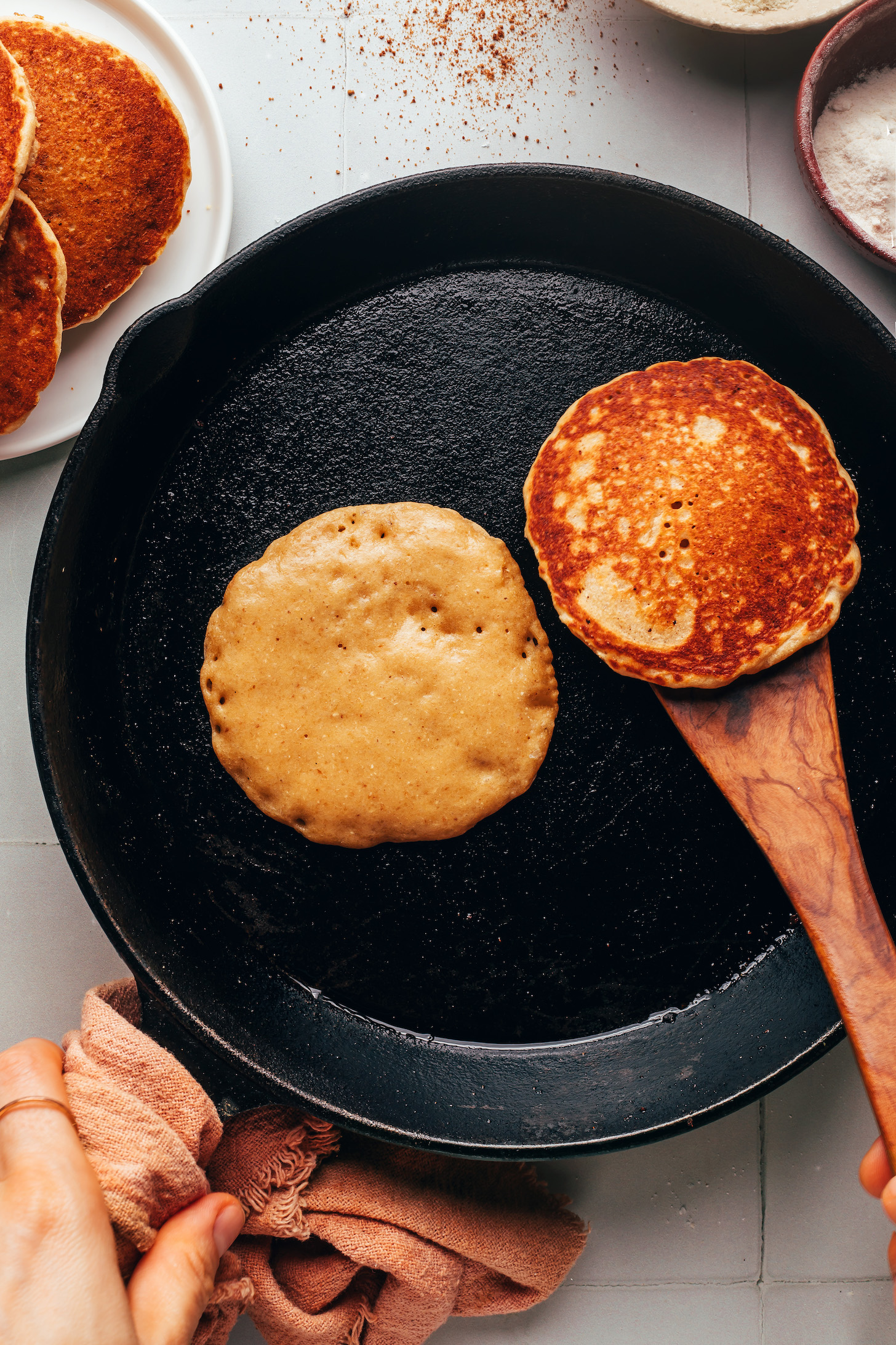 Cooking pancakes in a cast iron skillet