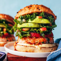 Two plates with our ultimate salmon burgers on buns with lots of toppings