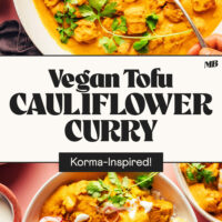 Korma-inspired Vegan Tofu Cauliflower Curry in a skillet and in a bowl with rice, naan, and lemon