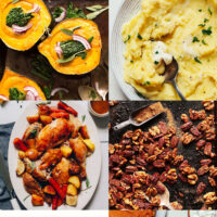 Assortment of Thanksgiving recipes including squash soup, mashed potatoes, whole roasted chicken, spiced nuts, biscuits, and pumpkin pie