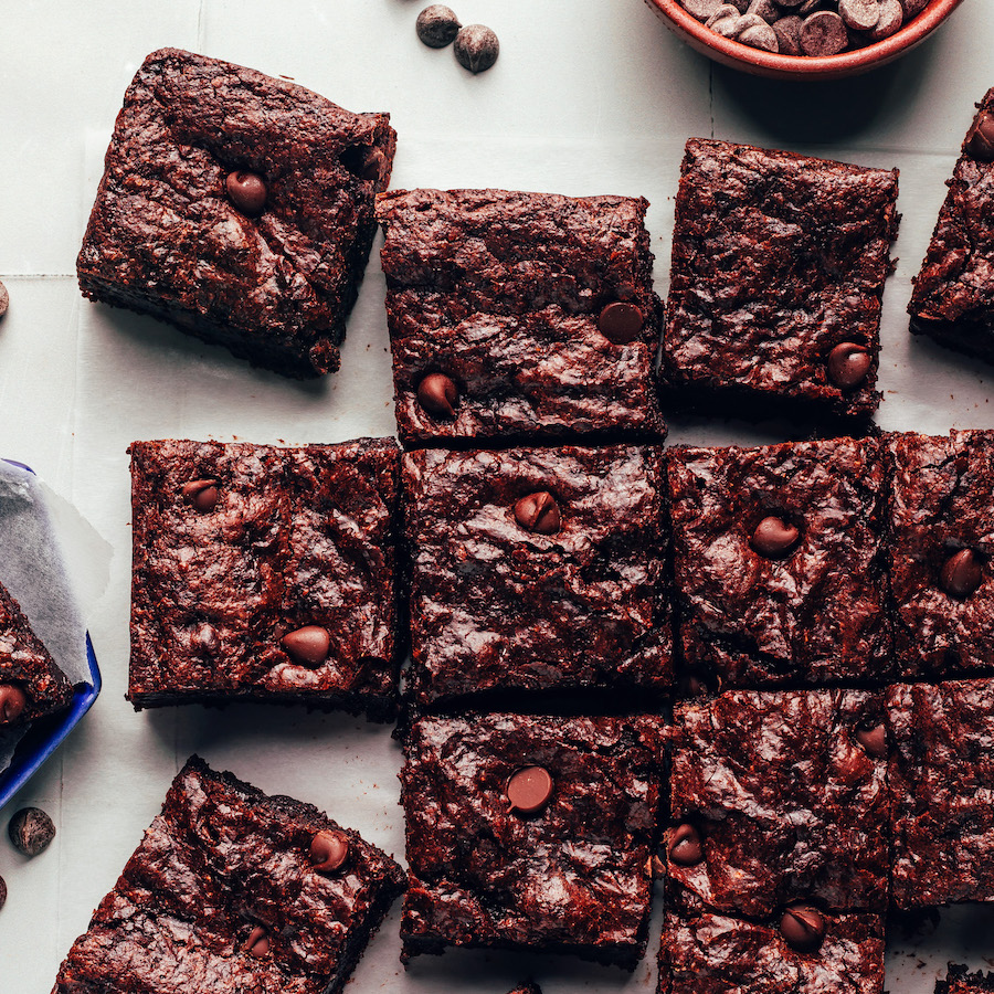 Overhead shot of our crackly top fudgy vegan gluten-free brownies