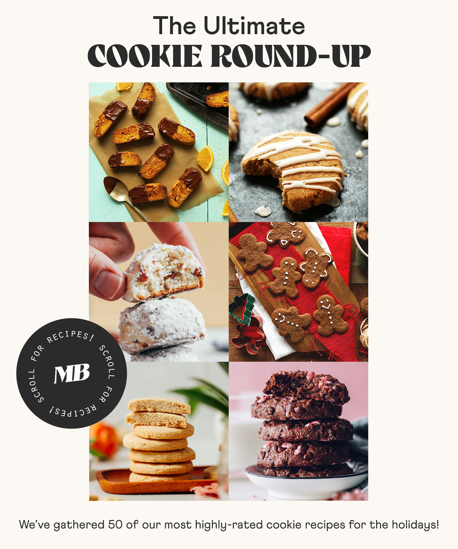 Biscotti, ginger cookies, wedding cookies, gingerbread, shortbread, and chocolate peppermint cookies for our cookie recipes round-up