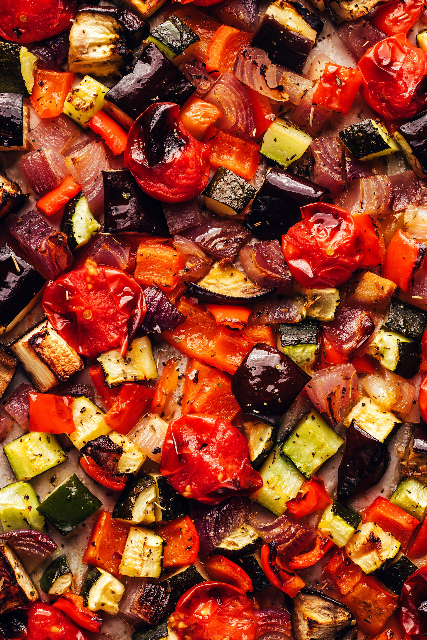 Close up photo of a pan of freshly roasted sheet pan ratatouille