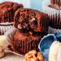 Close up shot of a stack of two vegan and gluten-free banana buckwheat muffins