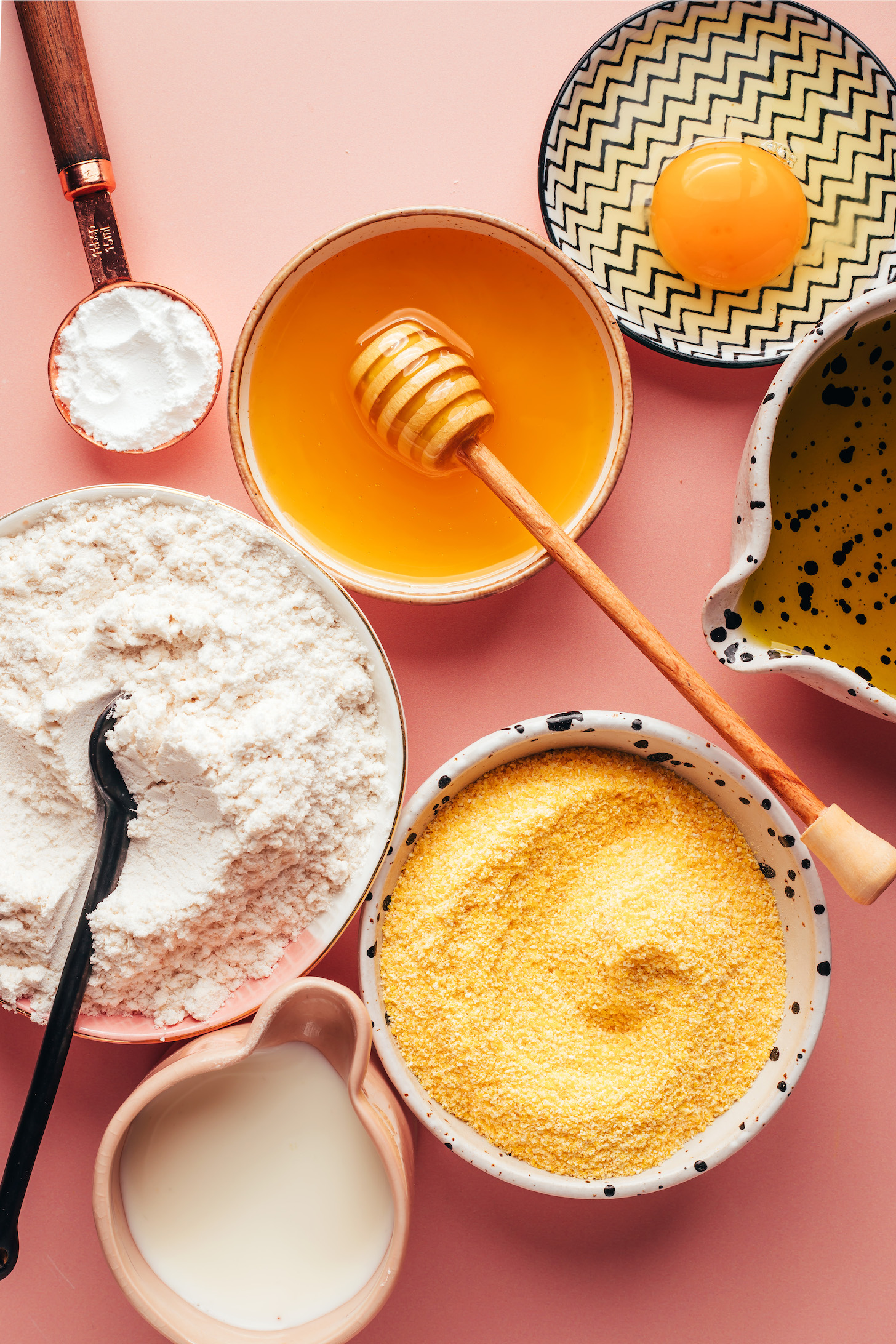 Egg, avocado oil, honey, cornmeal, dairy-free milk, gluten-free flour blend, and baking powder