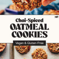 Holding a Chai-Spiced Oatmeal Cookie above another baking sheet of cookies with text that says vegan and gluten-free