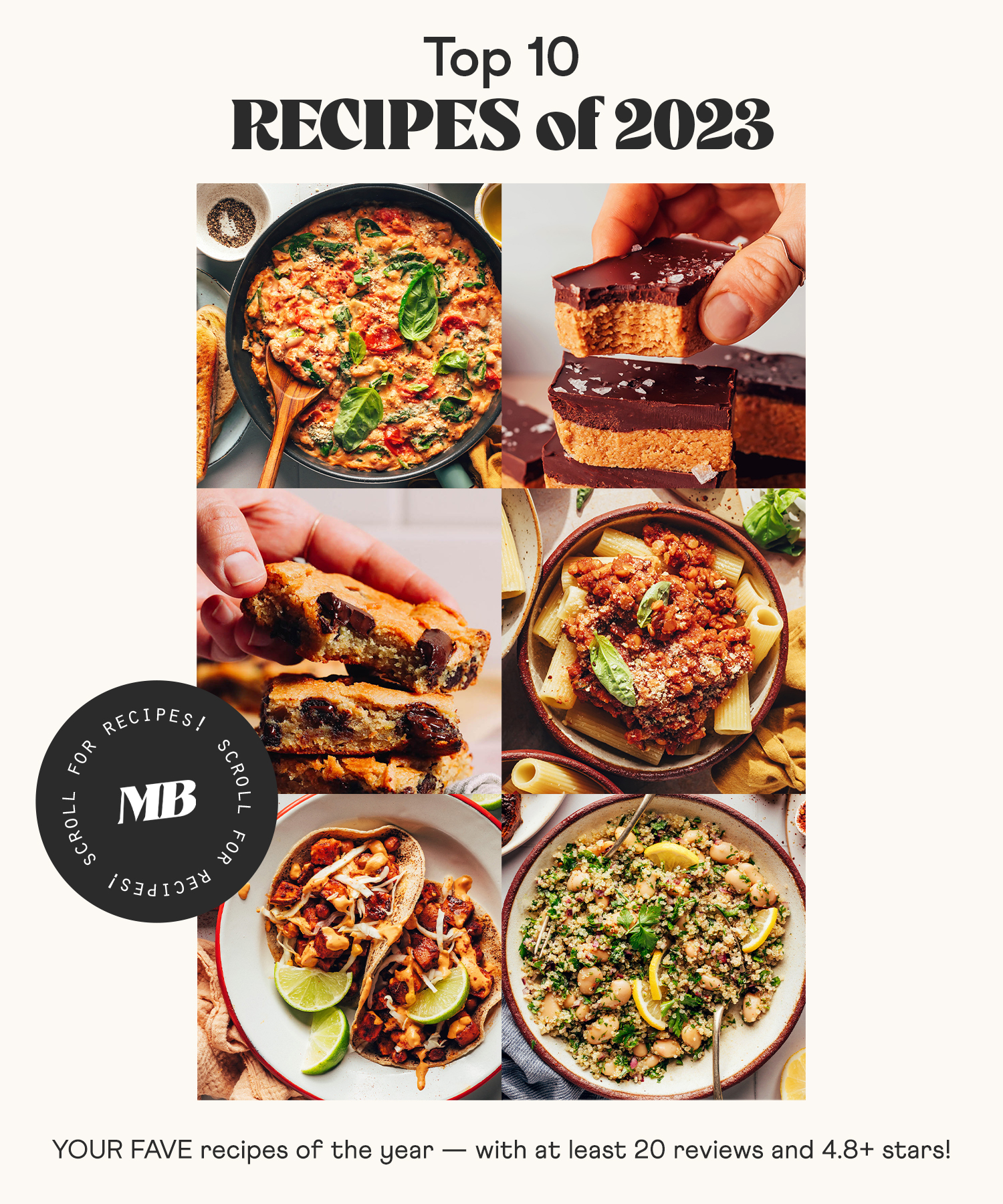 Photos of 6 recipes with text saying "top 10 recipes of 2023 and "your fave recipes of the year with at least 20 reviews and 4.8+ stars"