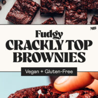 Photos of a fudgy vegan gluten-free brownie and a whole batch of them