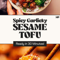 Close up photo of a bite of our 30-minute Spicy Garlicky Sesame Tofu and a bowl of it with broccoli and rice