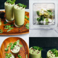 Photos of our Vegan Mint Matcha Shamrock Shake in glasses and a blender