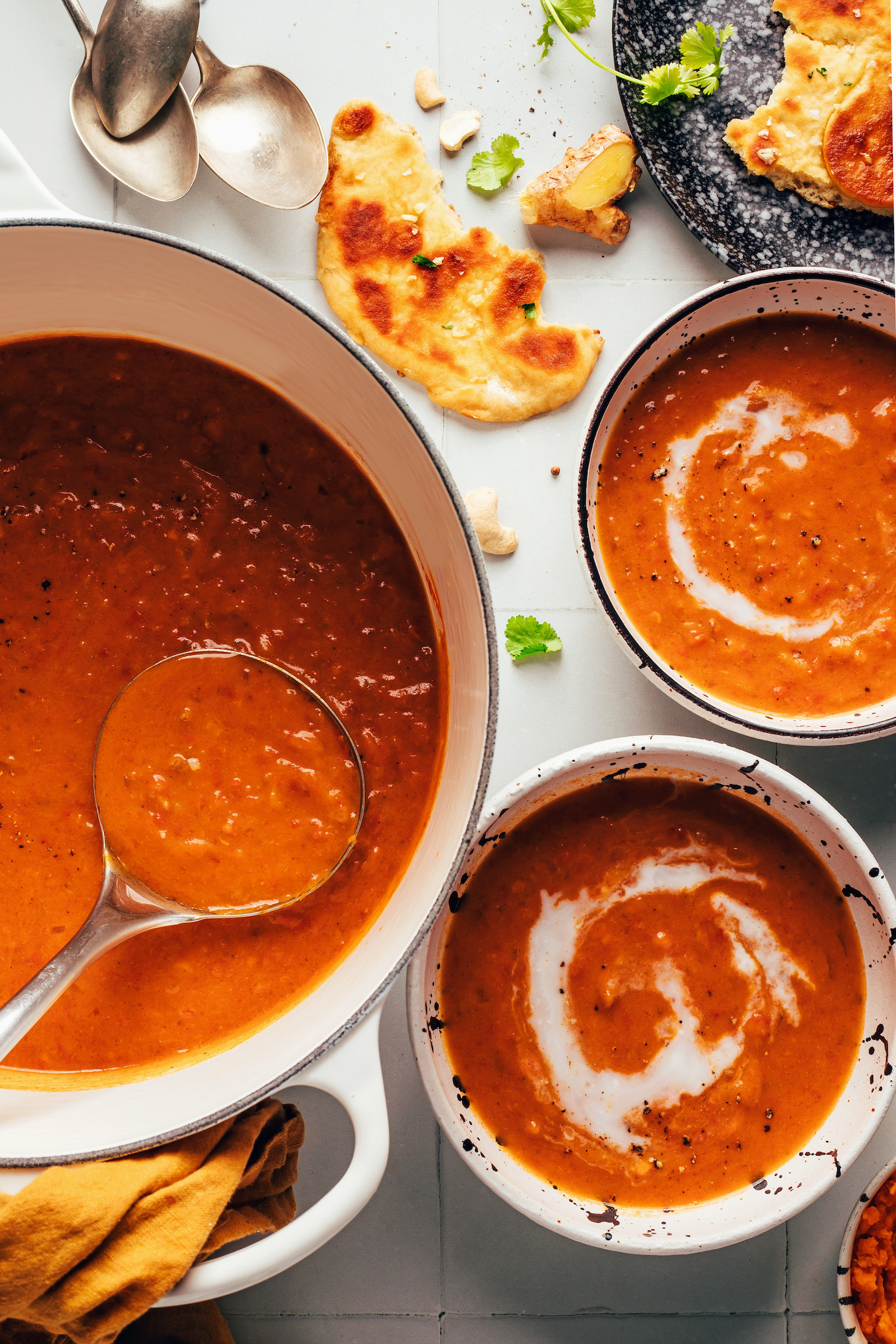 Dutch oven and bowls of spicy pumpkin tomato soup