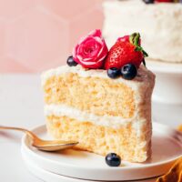 Slice of gluten-free vanilla cake on a plate