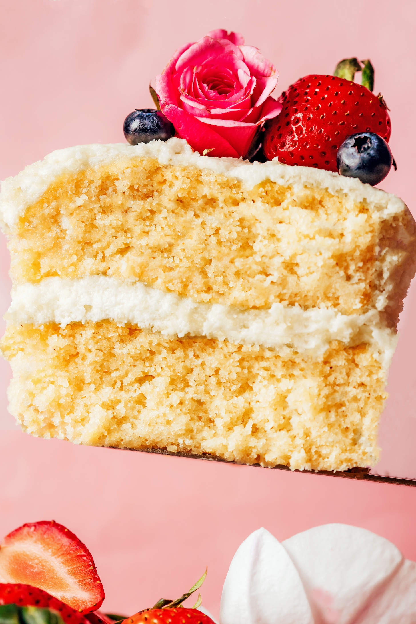 Close up shot of a slice of gluten-free vanilla cake to show the tender crumb texture