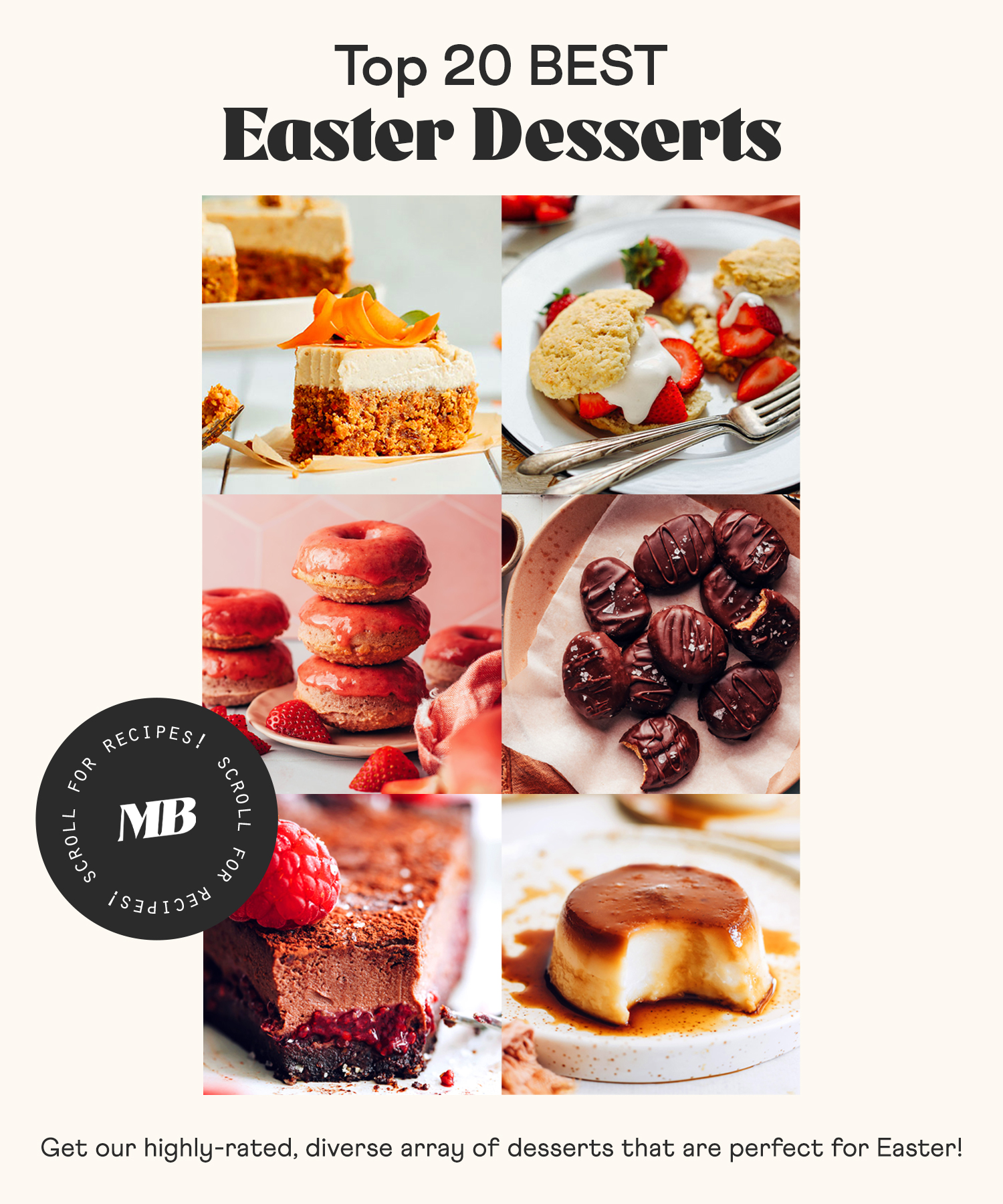 Carrot cake, shortcake, donuts, peanut butter eggs, and other vegan desserts perfect for Easter
