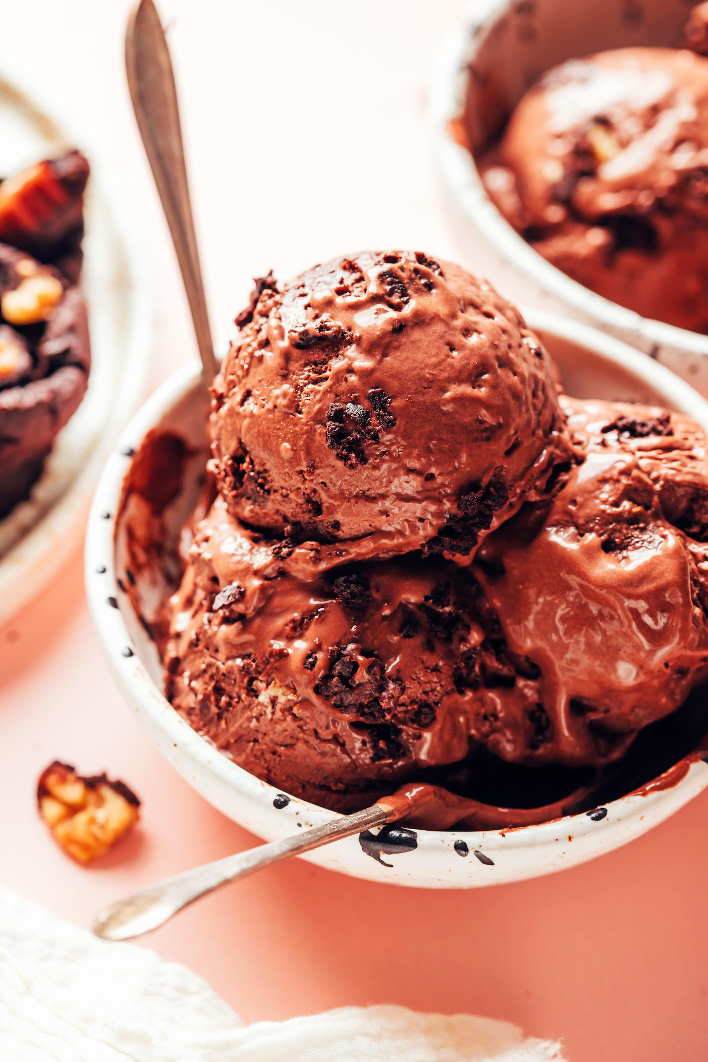 Bowl filled with scoops of our Vegan Brownie Chocolate Ice Cream recipe