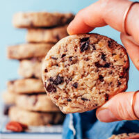 Hand holding a vegan gluten-free chocolate chip pecan shortbread cookie