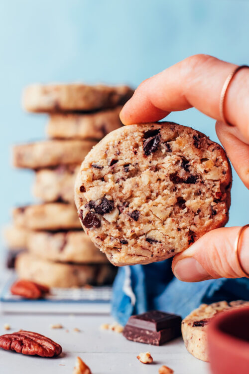 Hand holding a vegan gluten-free chocolate chip pecan shortbread cookie