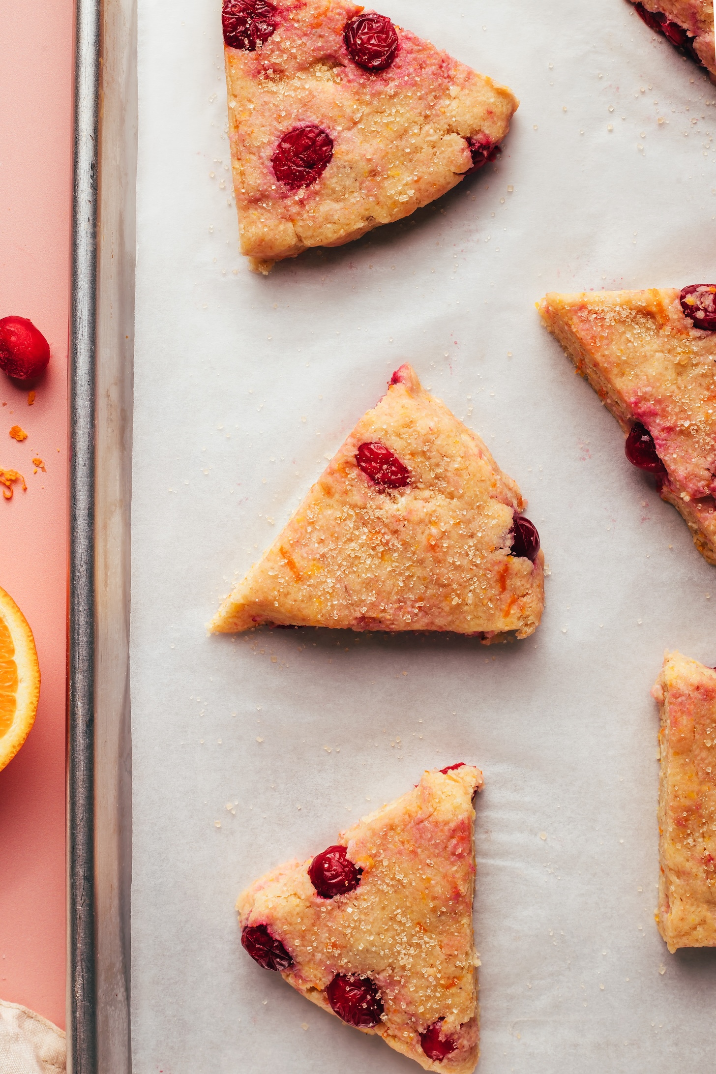 Baking sheet of orange cranberry scones before baking