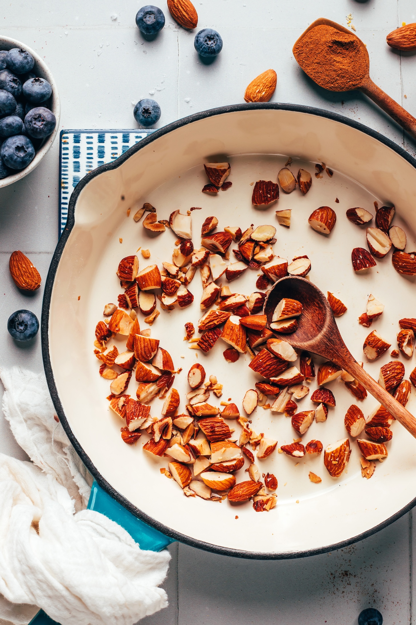 Toasting almonds in a ceramic-coated cast iron skillet