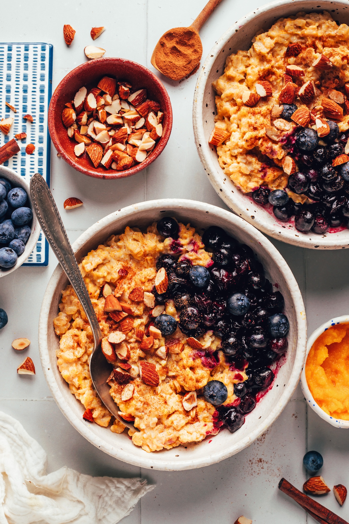 Bowls of pumpkin purée, almonds, and blueberries next to bowls of our creamy pumpkin oats recipe