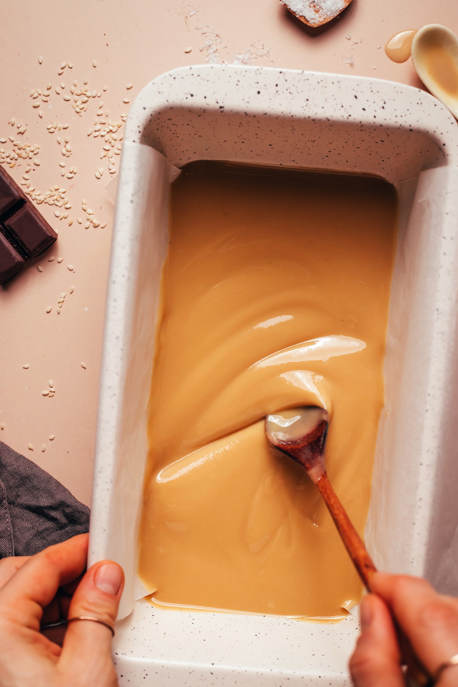 Sea salt tahini caramel mixture in a loaf pan