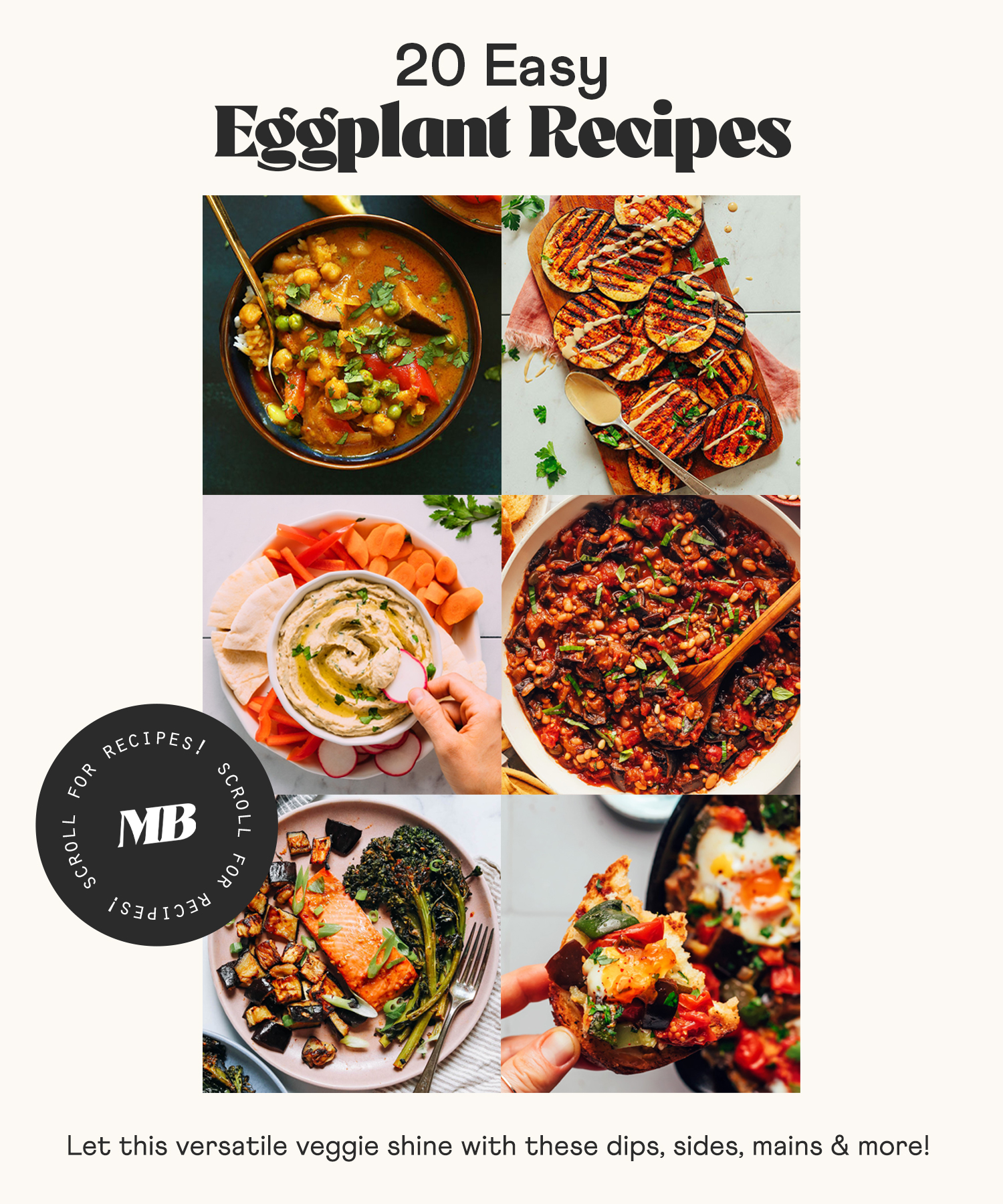 Photos of some of our easy eggplant recipes where this versatile veggie shines – dips, sides, mains, and more