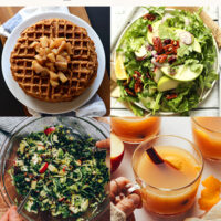 Photos of waffles, salads, cider, overnight oats, and donuts for our round-up of easy apple recipes