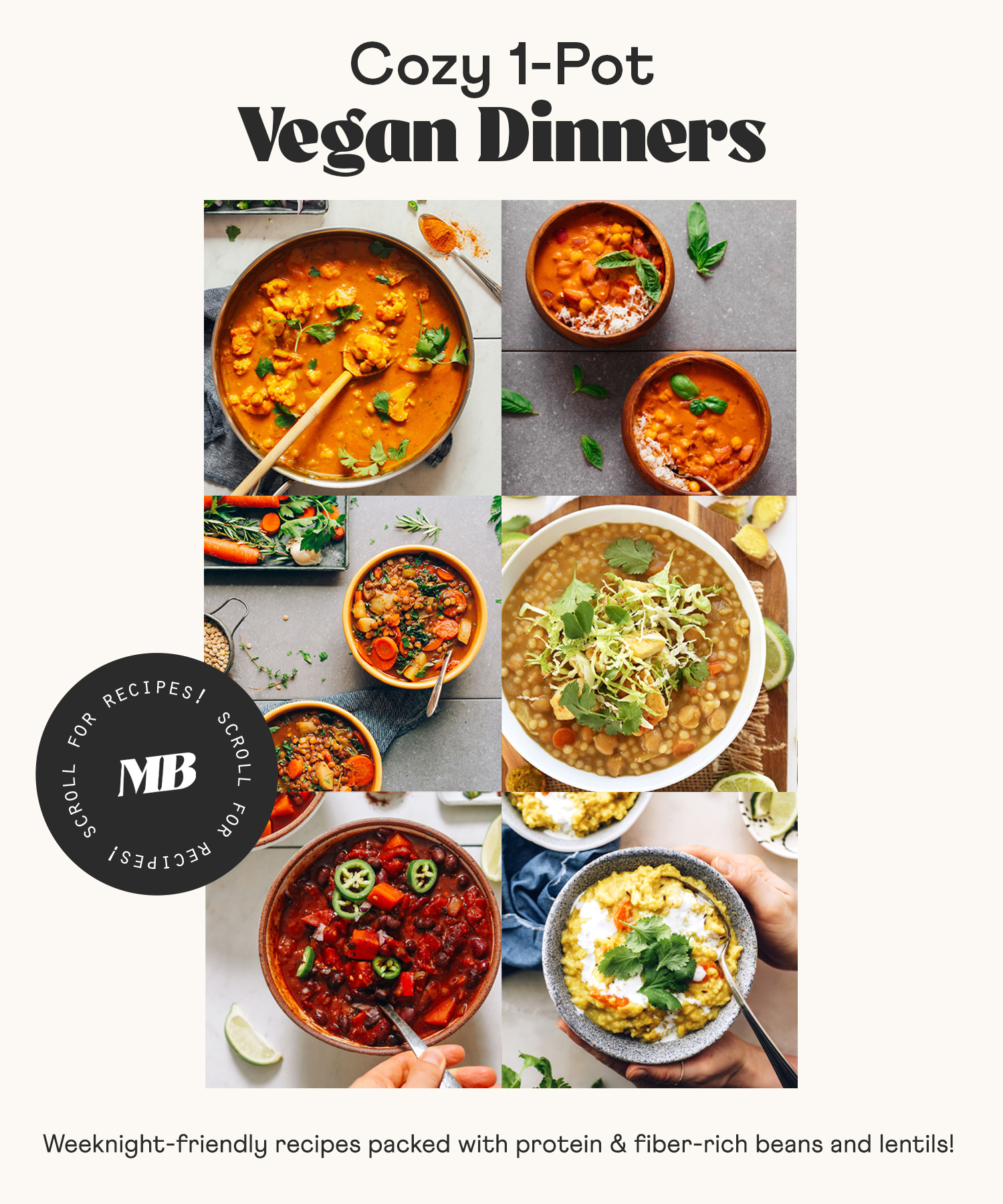 Photos of chilis, soups, and more cozy 1-pot vegan dinners that are weeknight-friendly and packed with protein & fiber-rich beans and lentils