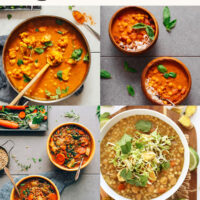 Photos of soups, chili, and more cozy 1-pot vegan dinners packed with protein