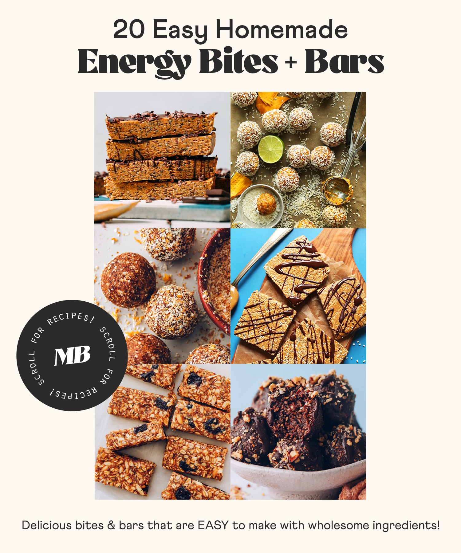 Photos of granola bars, energy bites, and energy bars for our round-up of easy homemade energy bites and bars