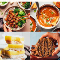 Photos of our top 5 recipes of the year including spicy tofu, pumpkin tomato soup, lemon bars, florentines, banana muffins, and a sixth honorable mention