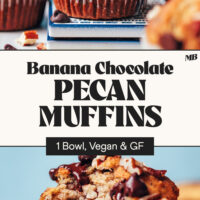 Banana Chocolate Pecan Muffins with text that says 1 bowl, vegan, and gluten-free