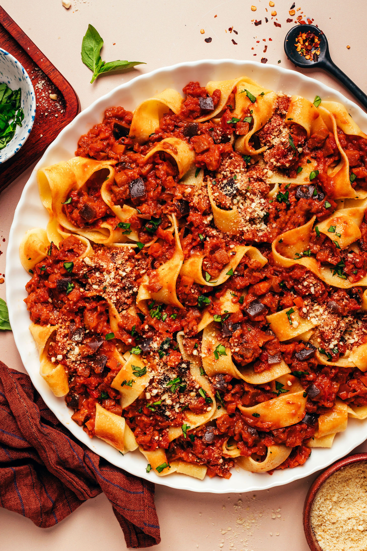 Large plate of our eggplant bolognese served with pappardelle