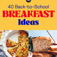 Photos of some of our back-to-school breakfast ideas including muffins, oats, quiche, bread, pancakes, and scramble