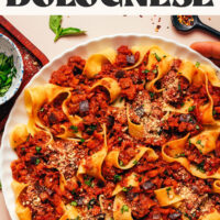 Hands holding the sides of a large plate of our easy 1-pot bolognese served over pasta with text above the photo that says vegan and gluten-free